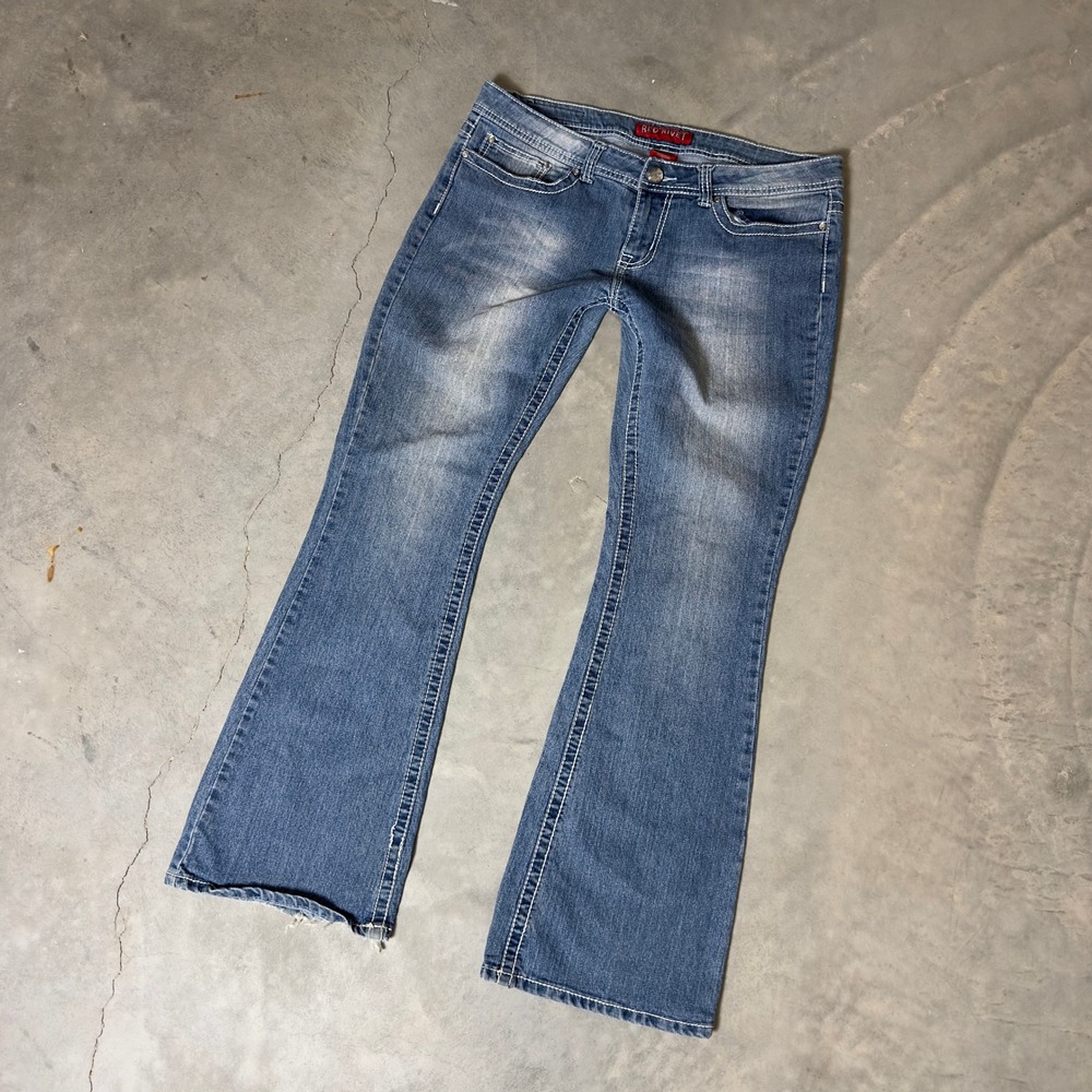 Vintage Red Rivet Flare Jeans Womens 15 Blue Medium Wash Baggy Cyber Y2K McBling